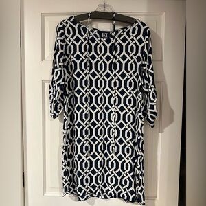 Navy blue and white, Greek key style, dress with optional tie.